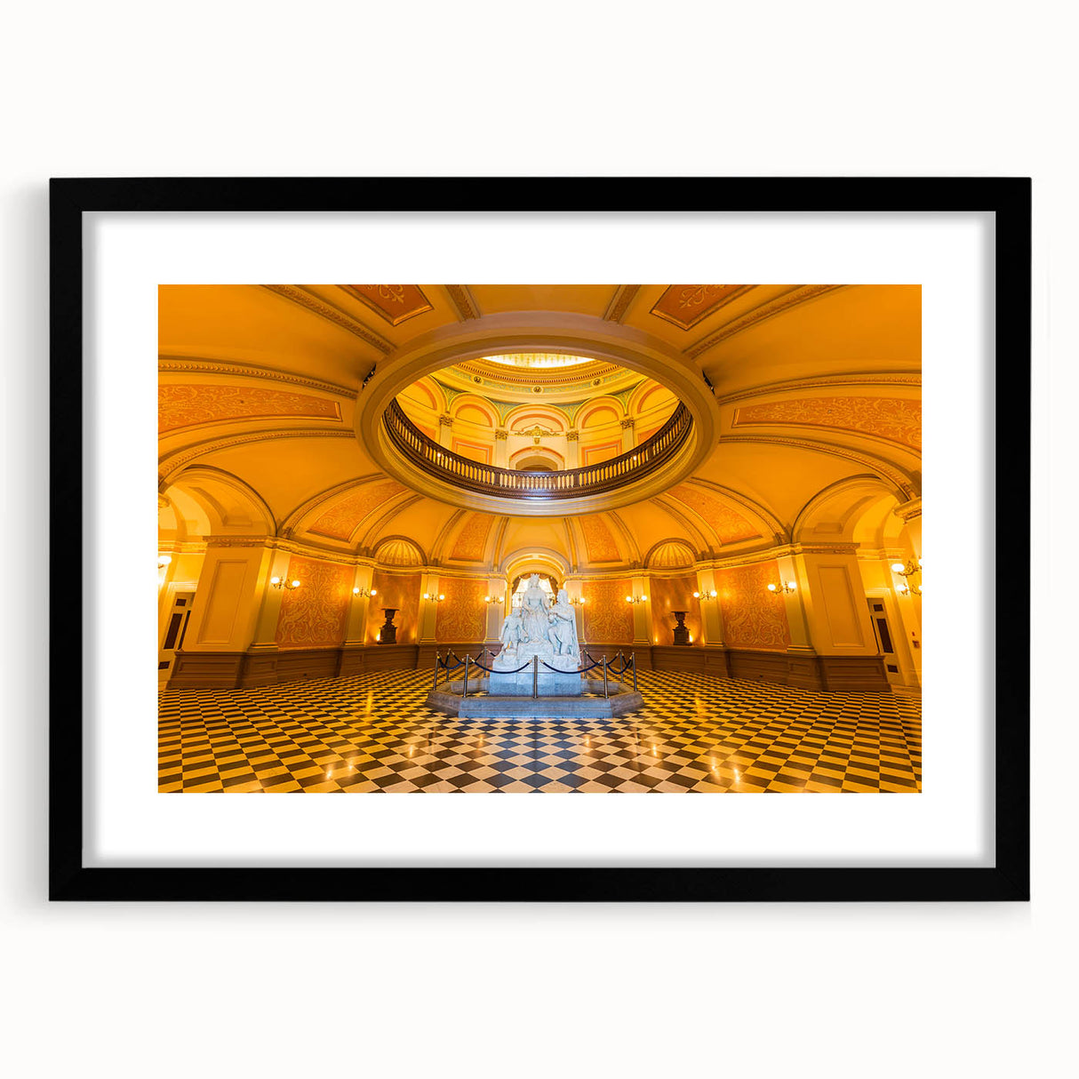 Extra large abstract art print of a colorful Sacramento scenery on a textured canvas, framed in black.