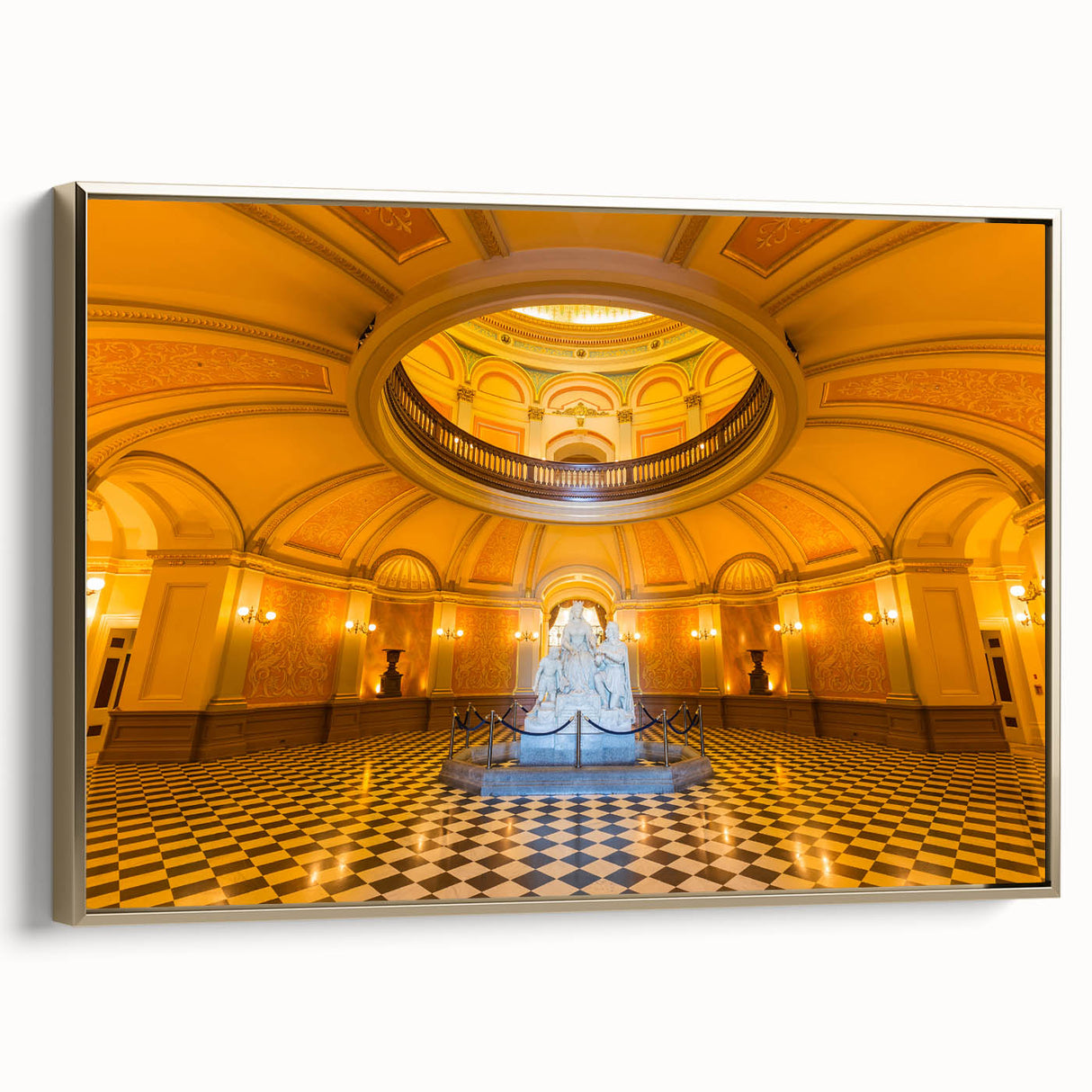 Framed canvas depicting a vintage-style Sacramento landscape in black and gold tones, ideal for bedroom decor.