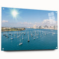 Acrylic print of a large abstract depiction of San Diego skyline in muted blue and orange tones, ideal for dining room decor.