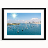 Colorful abstract art print of San Diego scenery in a black frame, ideal for living room decor.