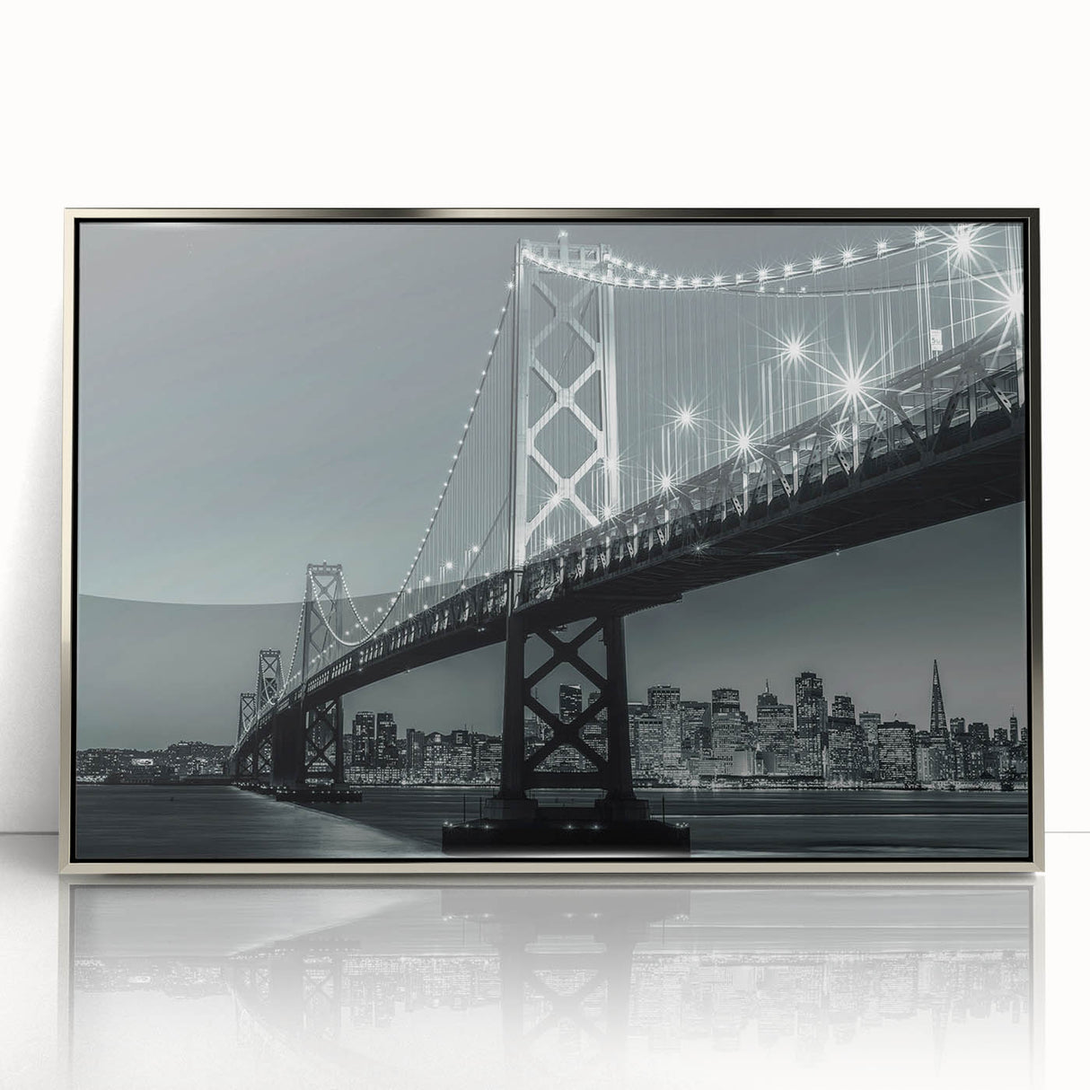 Mid-century modernist art depicting the San Francisco skyline in muted gray tones, framed acrylic.