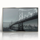 Mid-century modernist art depicting the San Francisco skyline in muted gray tones, framed acrylic.