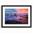 Extra large abstract art print of a colorful, textured California scenery, framed in black, suitable for living room decor.
