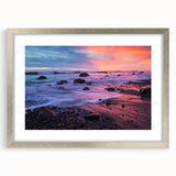 Textured abstract art print of Santa Barbara scenery in silver frame, ideal for bedroom art.