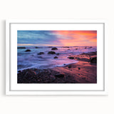 Abstract art print of Santa Barbara scenery in muted earth tones, framed with a white mat, suitable for dining room decor.