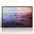 Large abstract wall art depicting Santa Barbara scenery in muted gray and blue tones on a black framed acrylic.