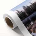 Art deco poster of Sierra Nevada scenery in soothing pastel shades on rolled canvas, ideal for nursery wall art.