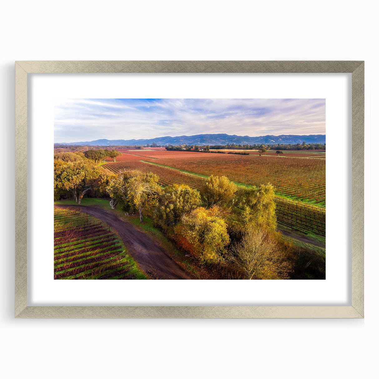 Textured art print of an abstract Sonoma landscape in muted earth tones, framed in silver, ideal for bedroom decor.