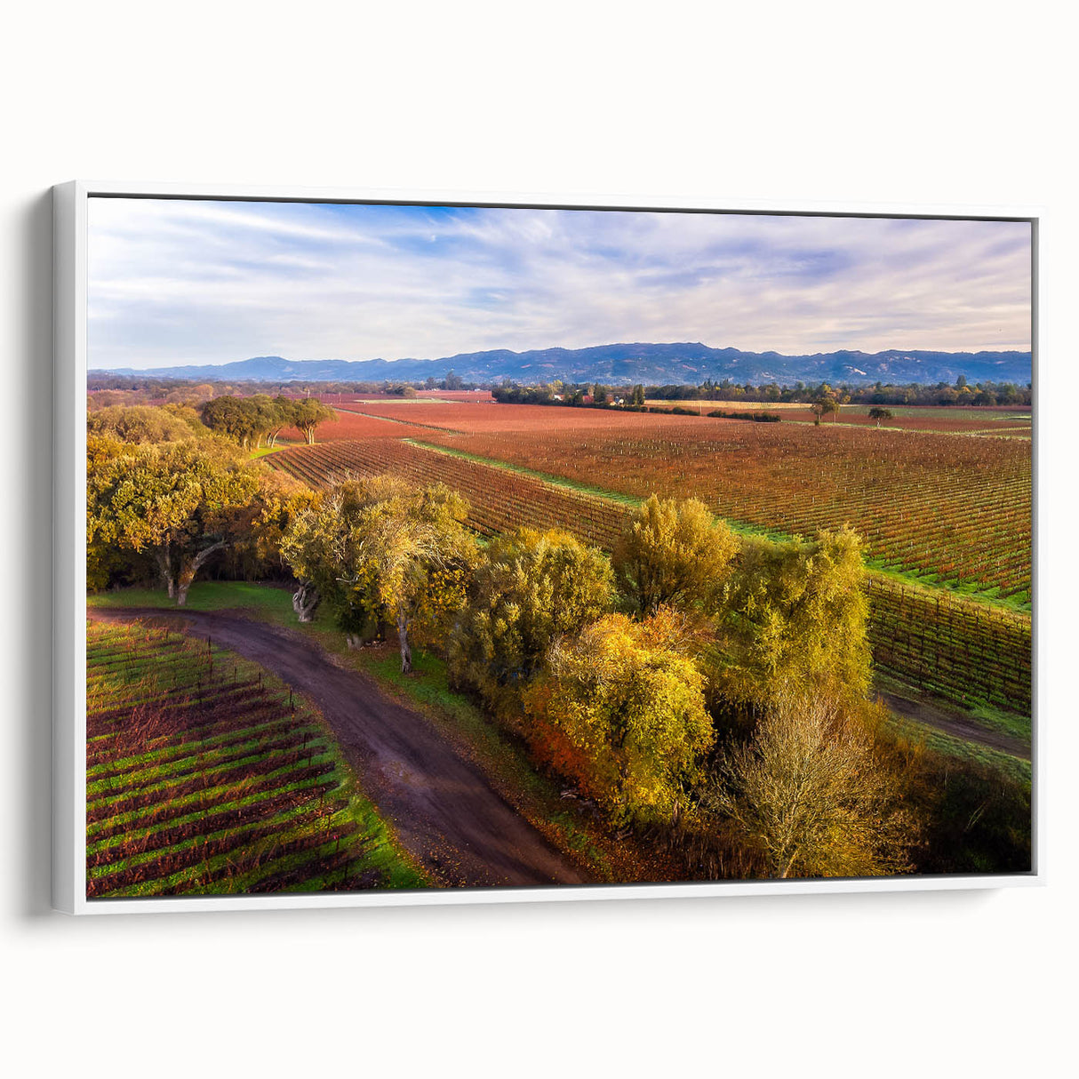 Framed canvas of a vintage-style Sonoma, California landscape painting with muted earth tones, ideal for living room decor.
