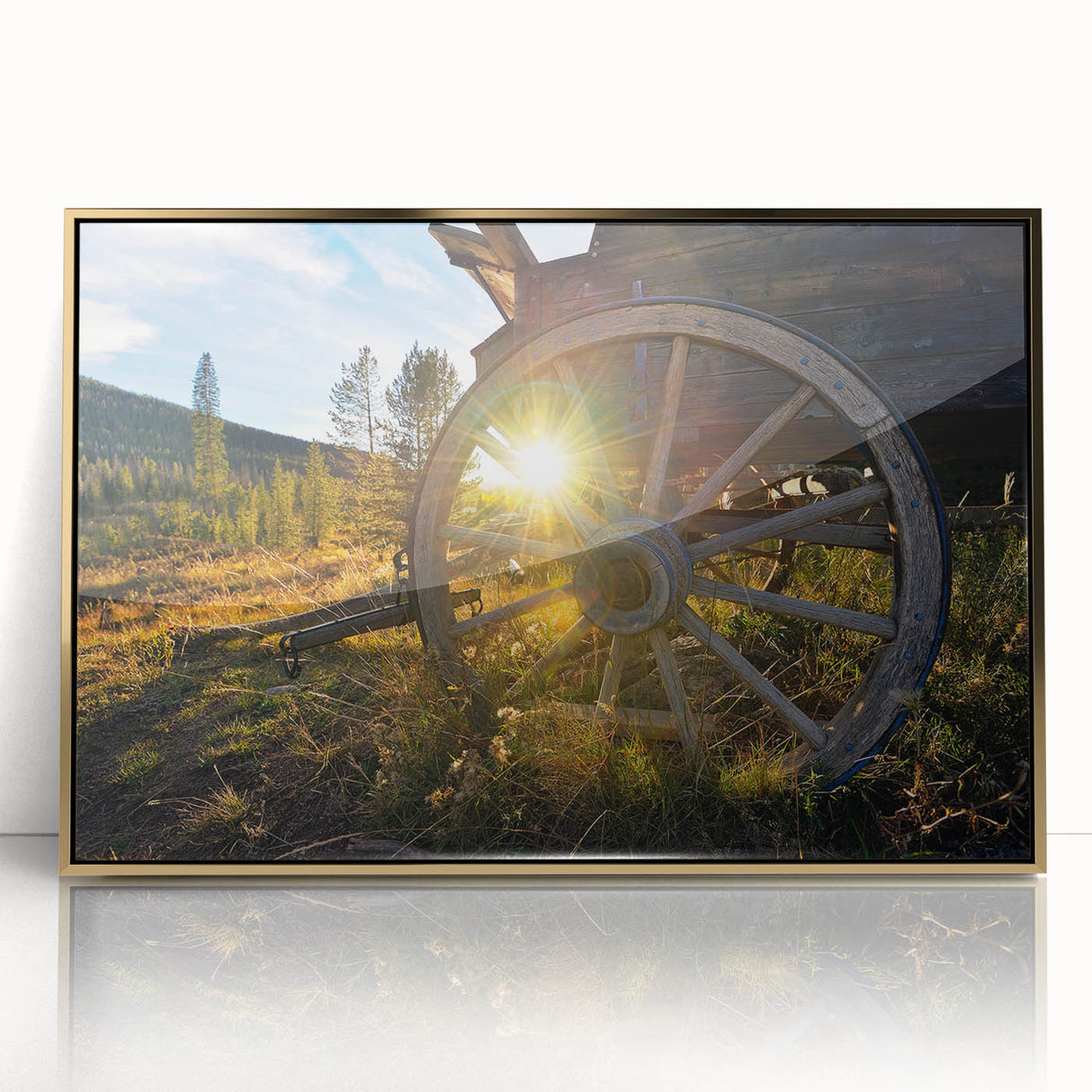 Large art print of a mid-century modernist style Vail, Colorado scenery in vibrant colors on a gold-framed acrylic.