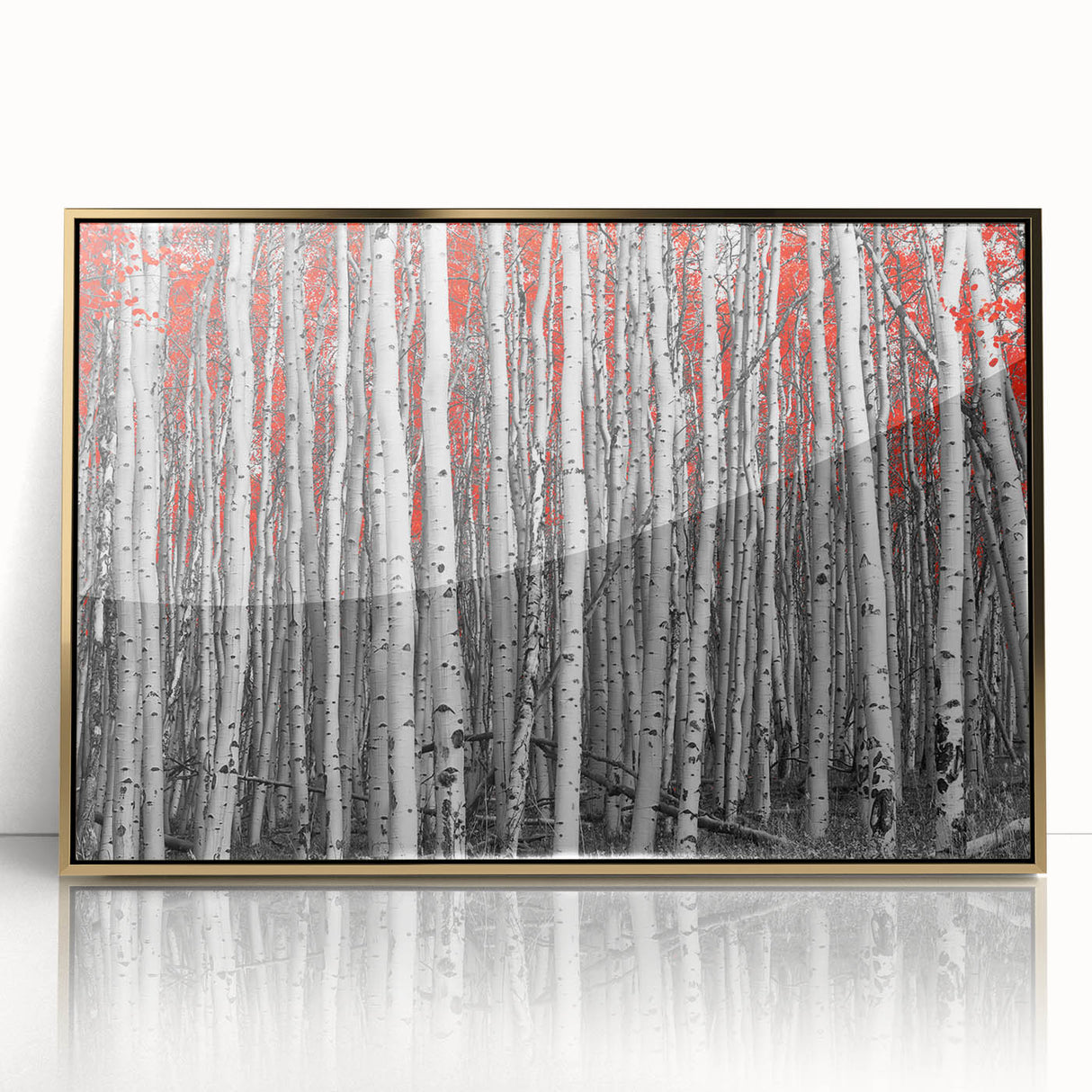 Framed acrylic print of Aspen, Colorado with golden autumn trees in a mid-century modernist style.