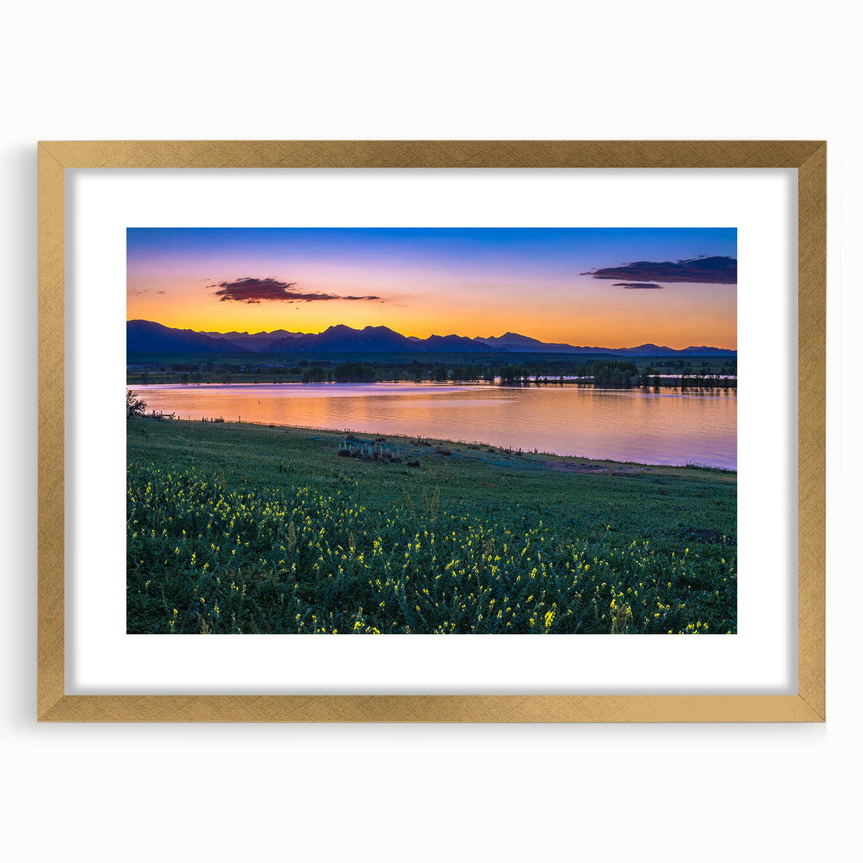Extra large abstract art print of Boulder, Colorado scenery in textured style, using earth tones, framed in gold.