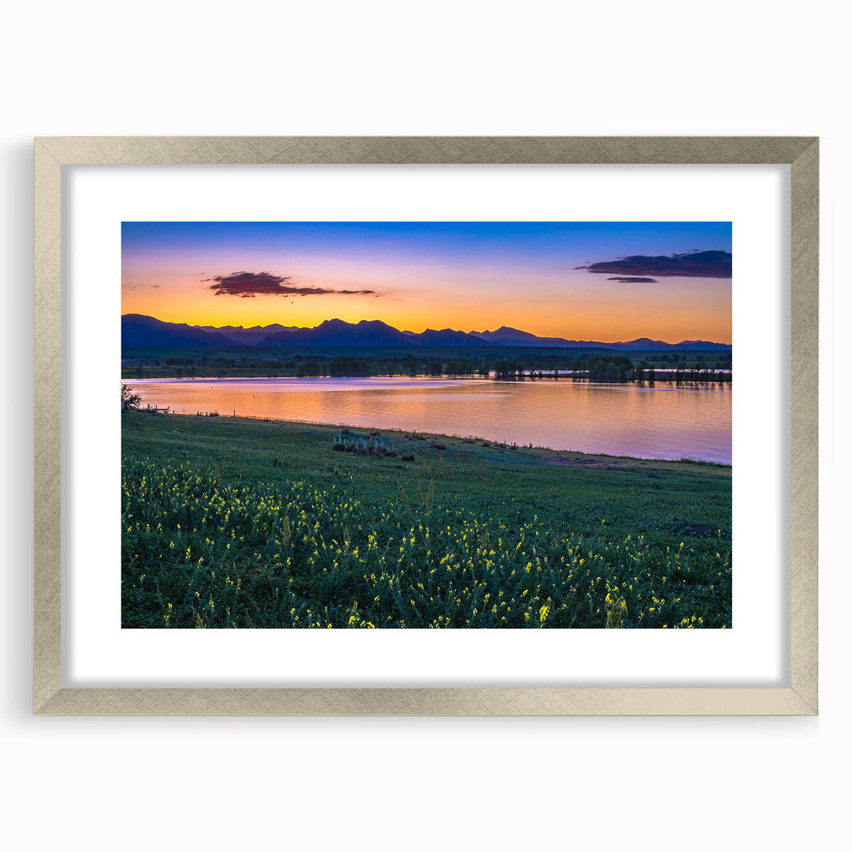 Textured abstract art print of Boulder, Colorado, in muted earth tones on a framed silver mat, suitable for bedroom art.