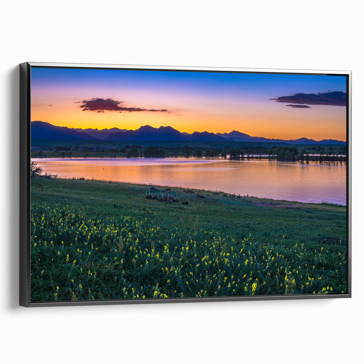 Black and white landscape art painting of Boulder, Colorado on framed canvas, suitable for bedroom decor.