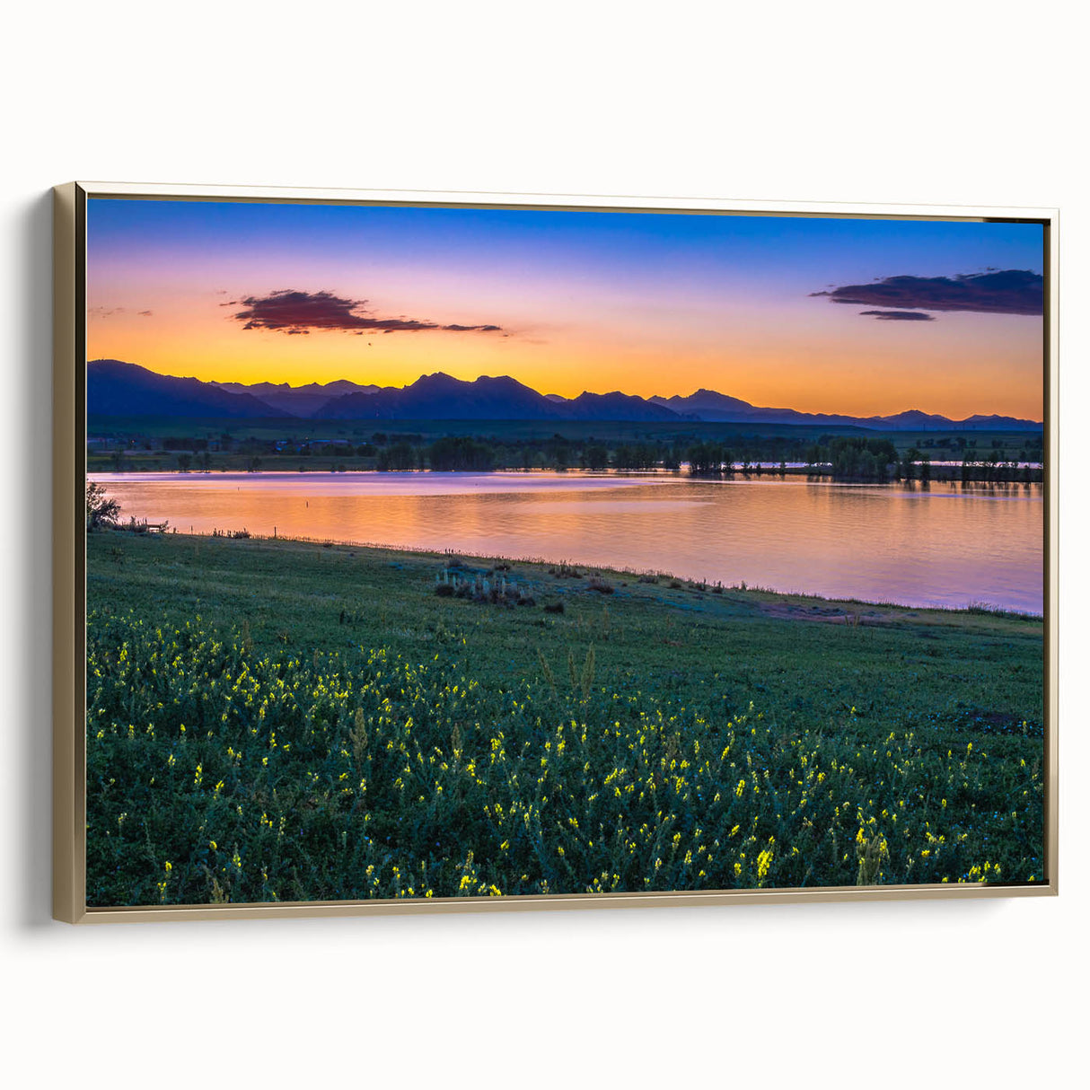 Framed canvas depicting a vintage-style landscape of Boulder, Colorado, in muted gold and black tones.