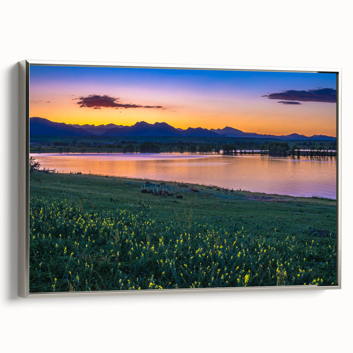 Framed canvas of a vintage Colorado landscape painting with colorful art and black borders, ideal for living room decor.