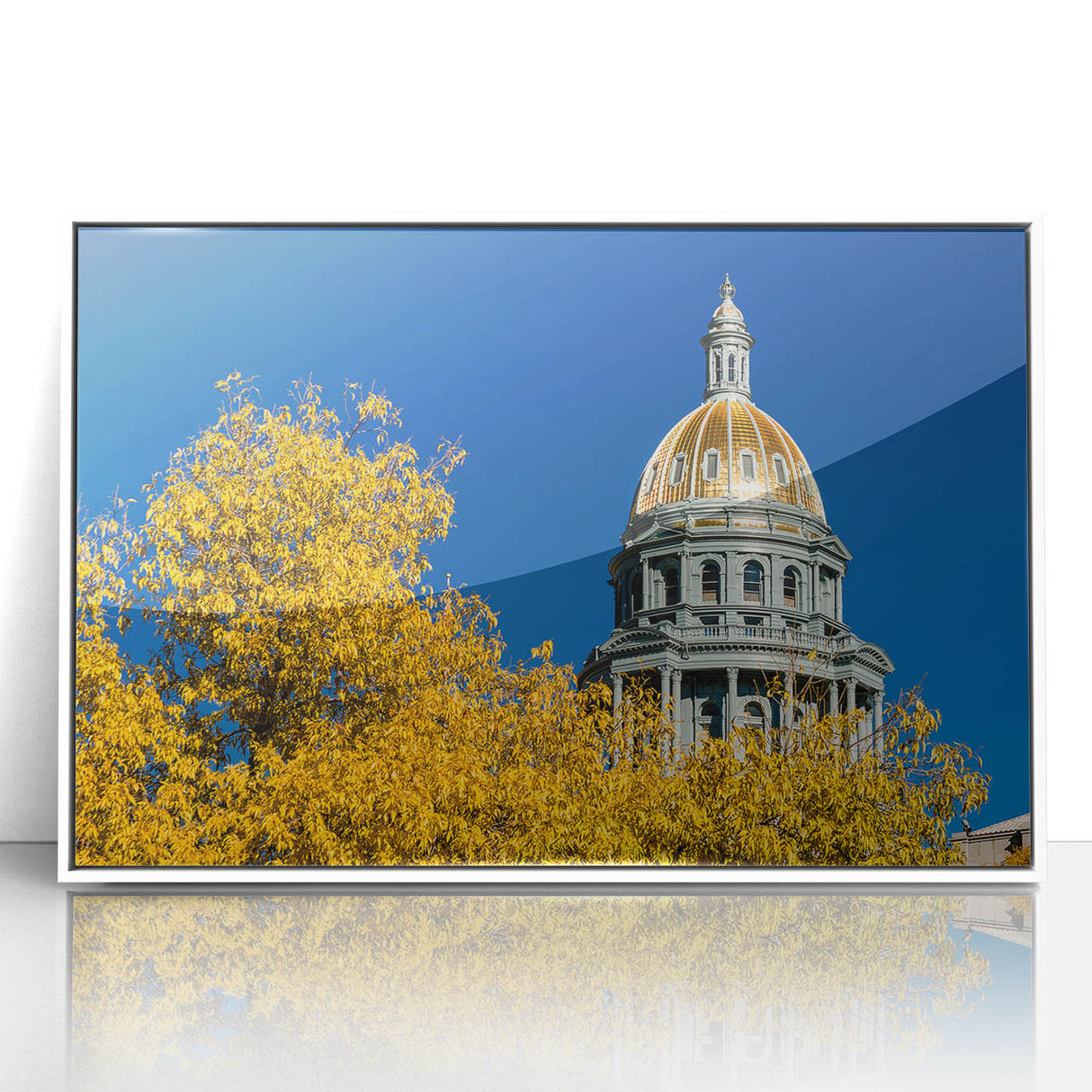Acrylic print of Denver skyline in art deco style with pastel shades, ideal for modern nursery wall art.