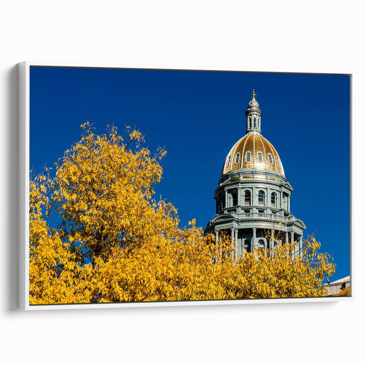 Vintage poster art of Denver skyline in colorful hues on extra large framed canvas, suitable for living room decor.
