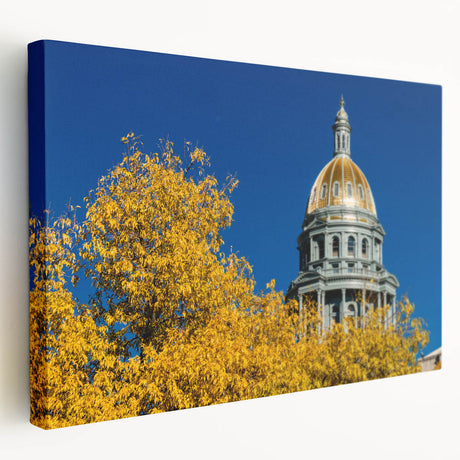 Denver skyline depicted in muted earth tones on a large stretched canvas, suitable for kitchen wall art.