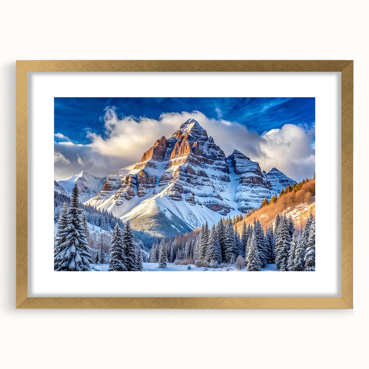 Extra large abstract art print of Maroon Bells, Colorado in textured style with gold frame, ideal for living room decor.