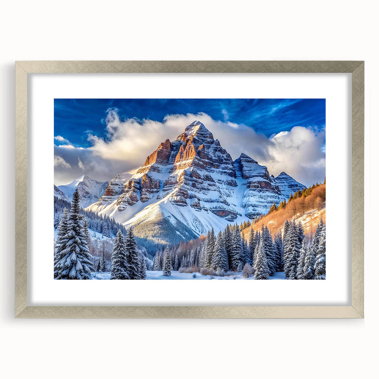 Textured art depicting the Maroon Bells in Colorado with abstract elements in a silver frame, suitable for bedroom decor.