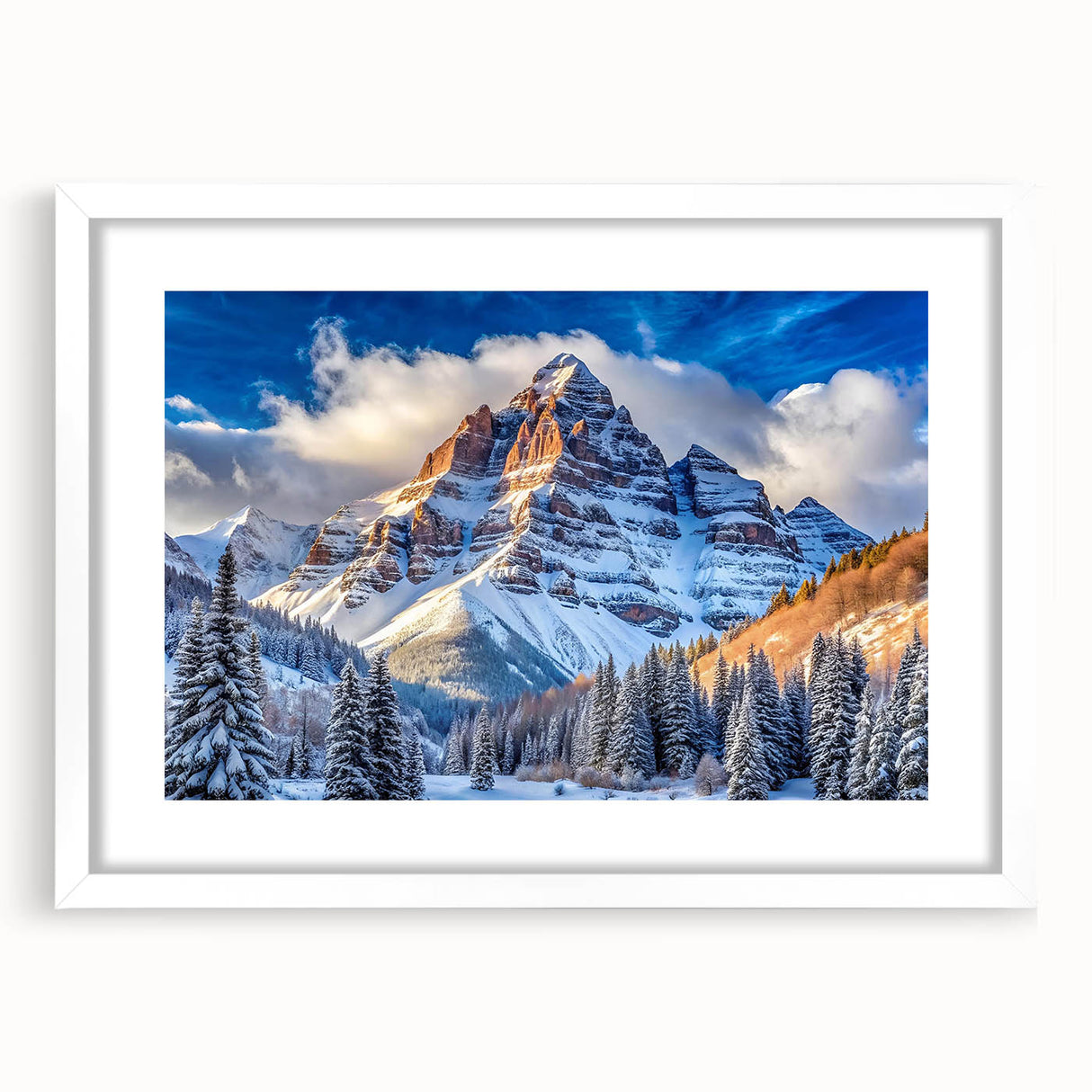 Abstract art print of Maroon Bells, Colorado, in muted earth tones on a framed white mat, ideal for dining room decor.