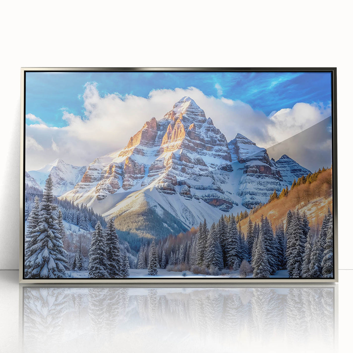 Mid-century modernist art of Maroon Bells, Colorado in vibrant autumn colors on a silver-framed acrylic print.