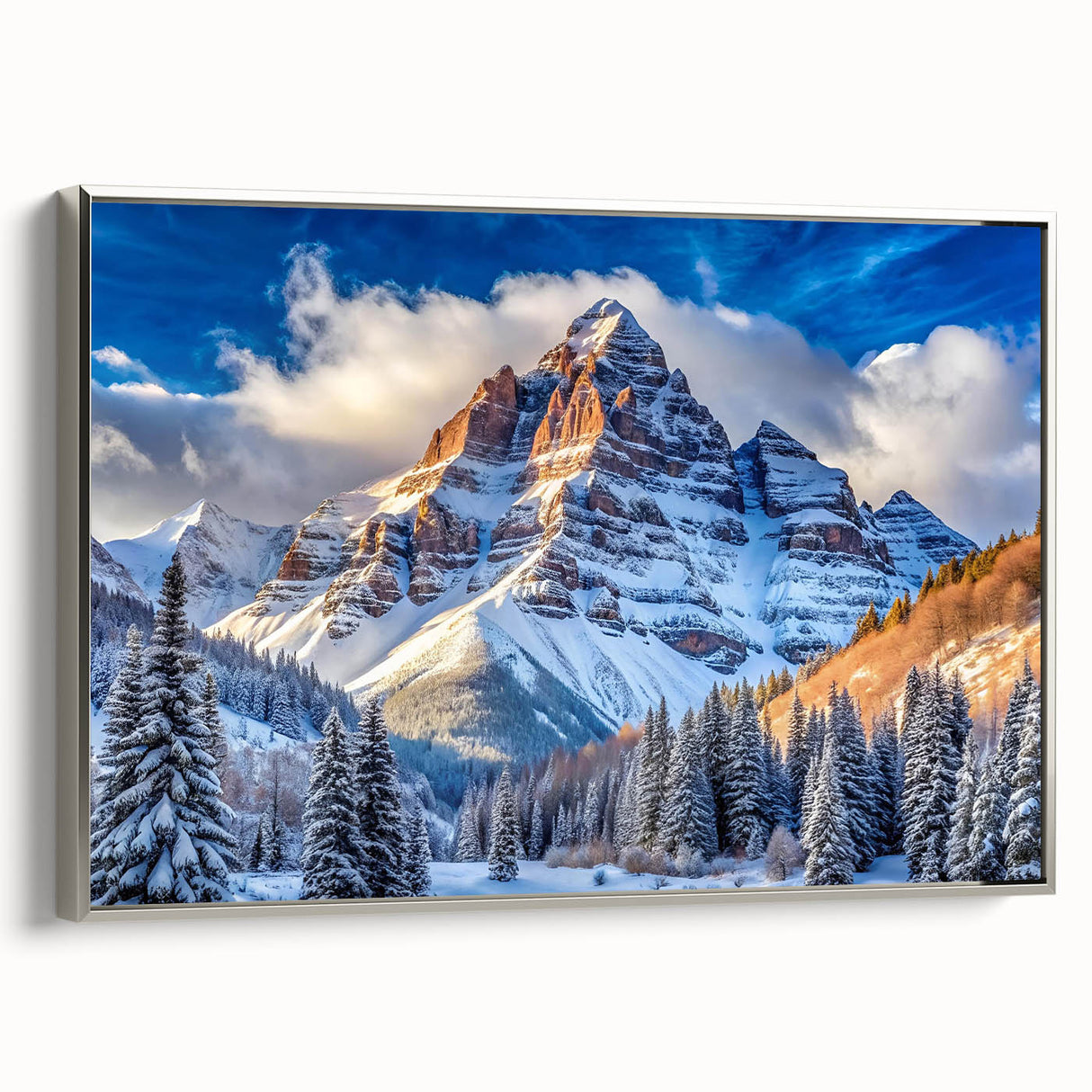 Framed canvas of Maroon Bells, Colorado landscape art painting featuring vibrant autumn colors, ideal for living room decor.