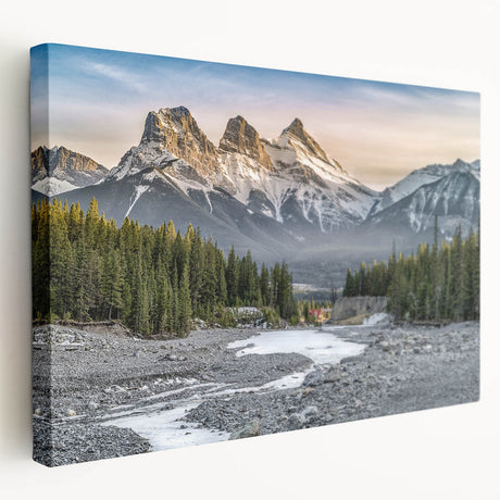 Stretched canvas depicting Pikes Peak in Colorado with muted earth tones, ideal for kitchen wall art.