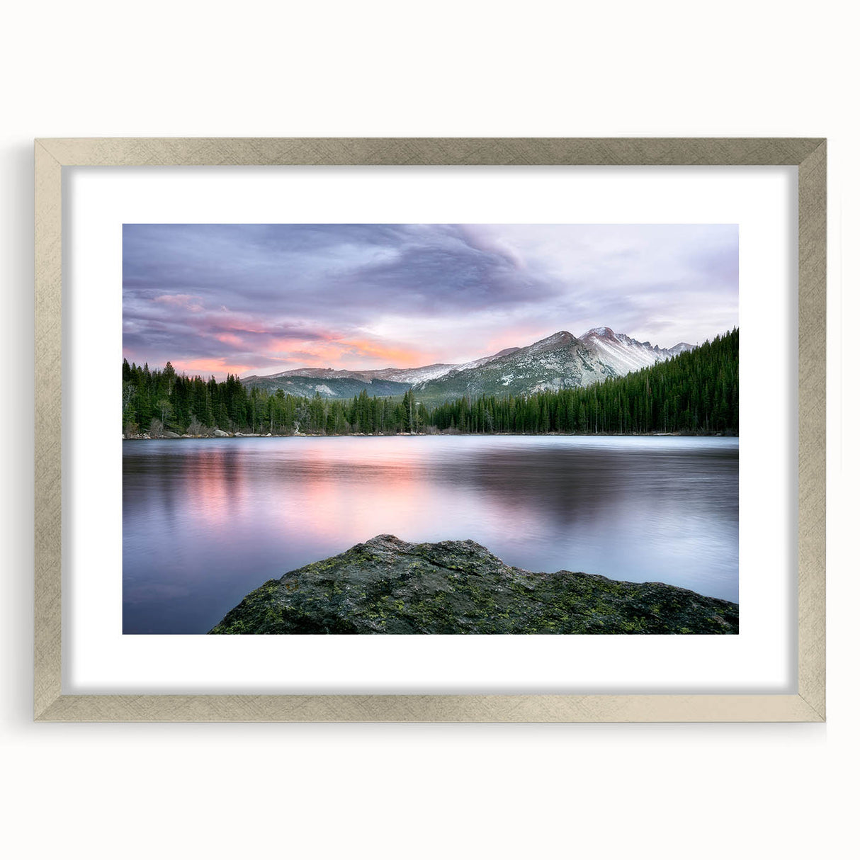Textured art print of abstract Rocky Mountains in muted earth tones on a framed canvas, ideal for bedroom decor.