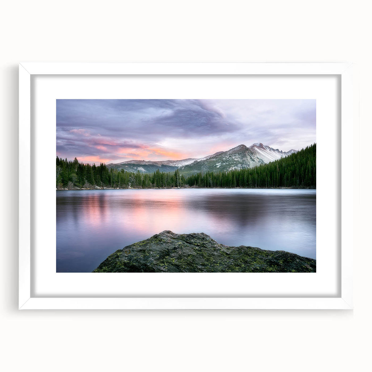 Abstract art print of Colorado Rocky Mountains in muted earth tones on a framed canvas, suitable for dining room decor.