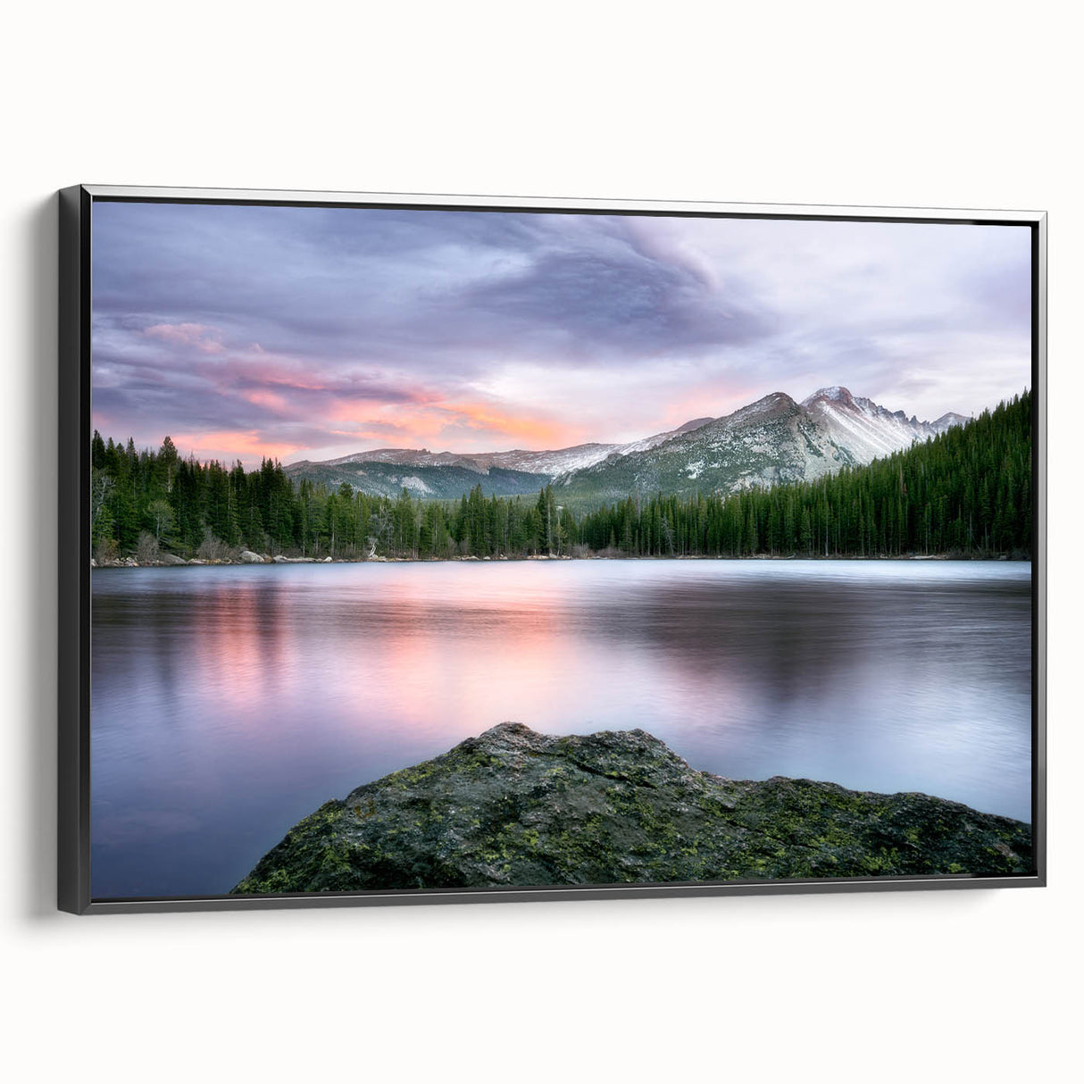 Black and white framed canvas of Rocky Mountains landscape, ideal for bedroom wall art.