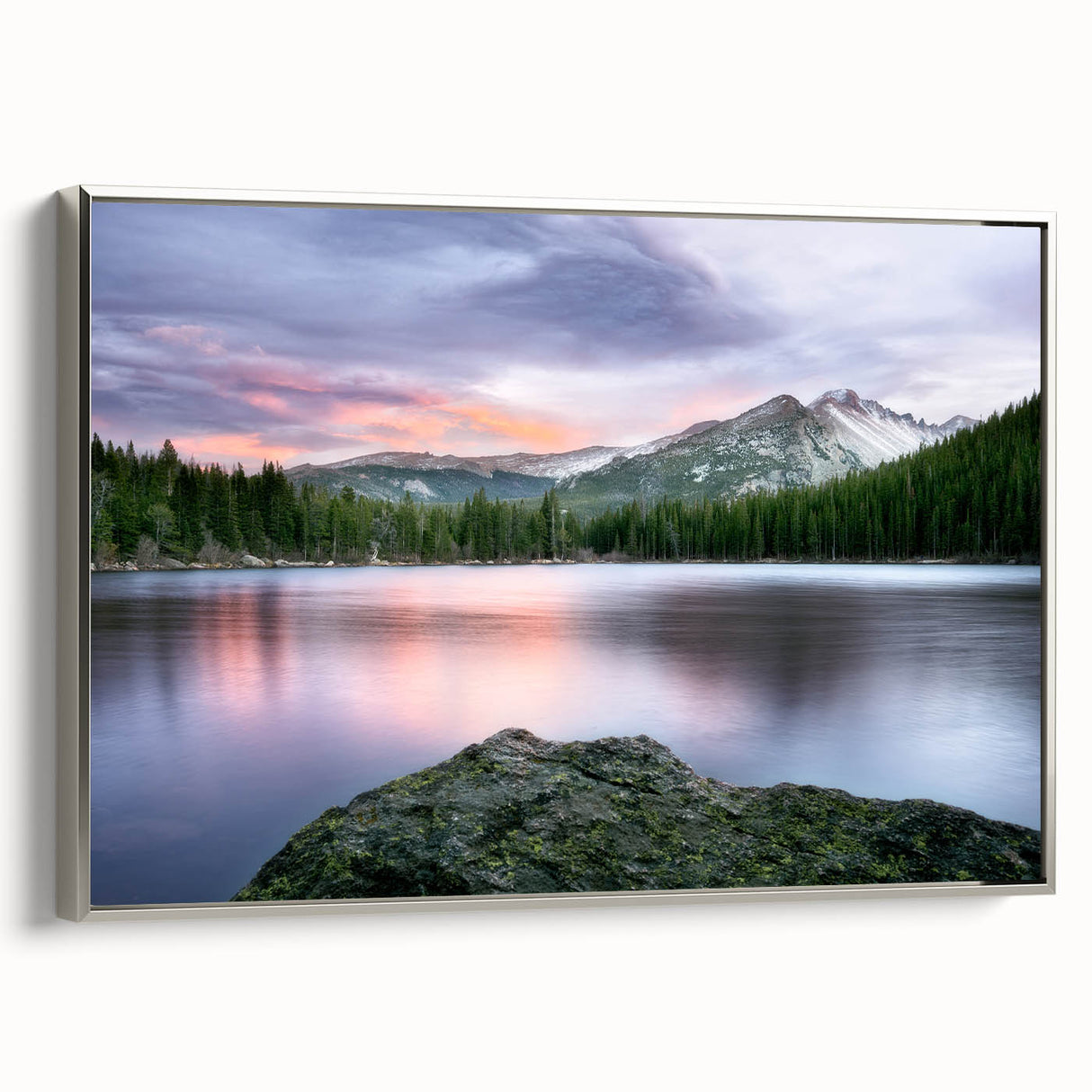 Framed canvas landscape art painting of the Colorado Rocky Mountains in muted earth tones, ideal for office decor.