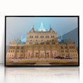 Large abstract wall art depicting a Connecticut landscape in muted green and blue tones, framed acrylic.