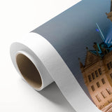 Art Deco-style poster of Connecticut scenery on rolled canvas, featuring muted green and blue tones.