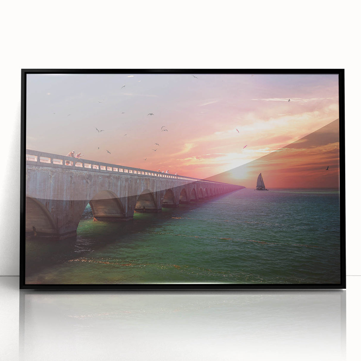 Large abstract wall art depicting the Florida Keys in a mid-century modernist style, framed in black acrylic.