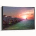 Black and white framed canvas of Florida Keys landscape in a vintage poster style, suitable for bedroom decor.