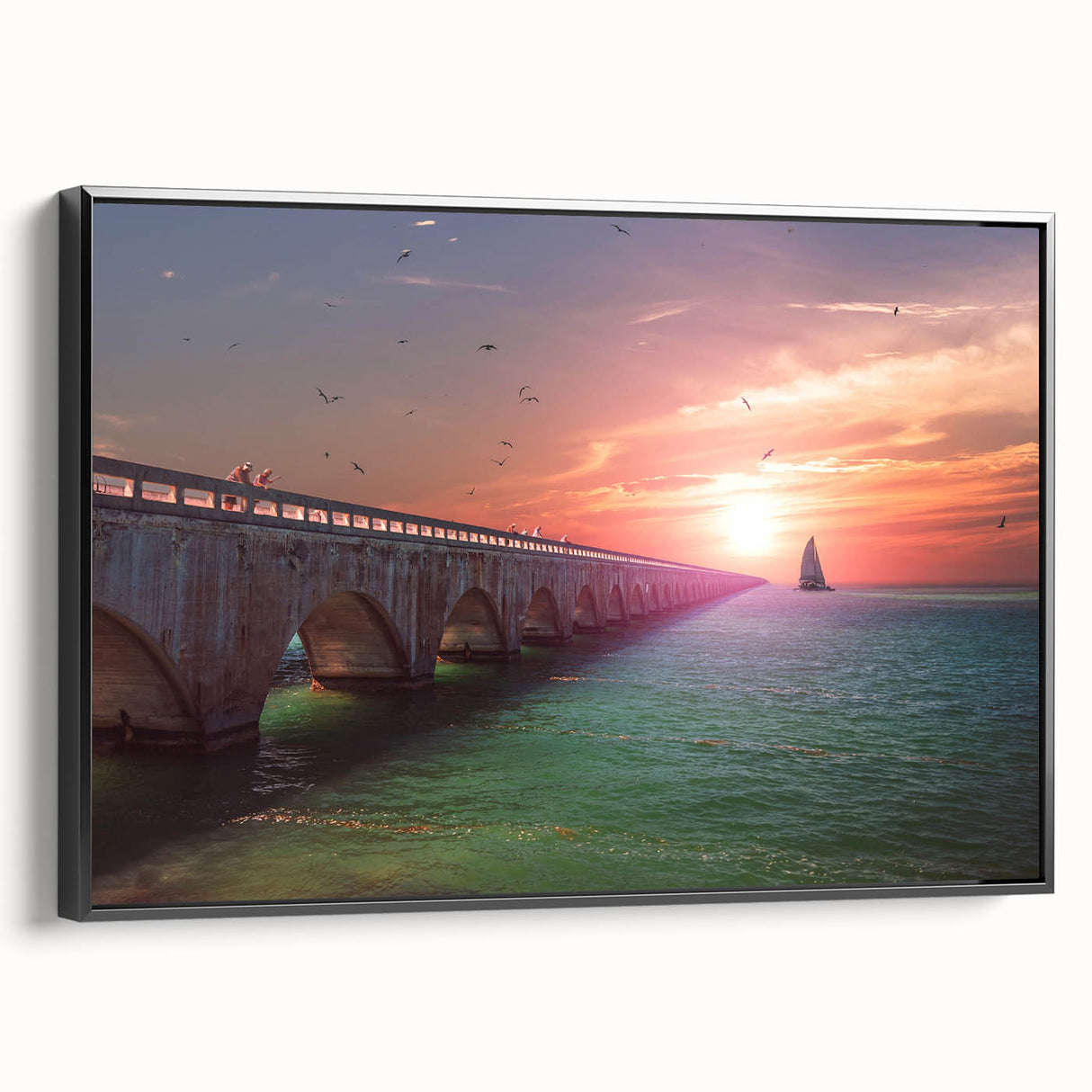 Black and white framed canvas of Florida Keys landscape in a vintage poster style, suitable for bedroom decor.