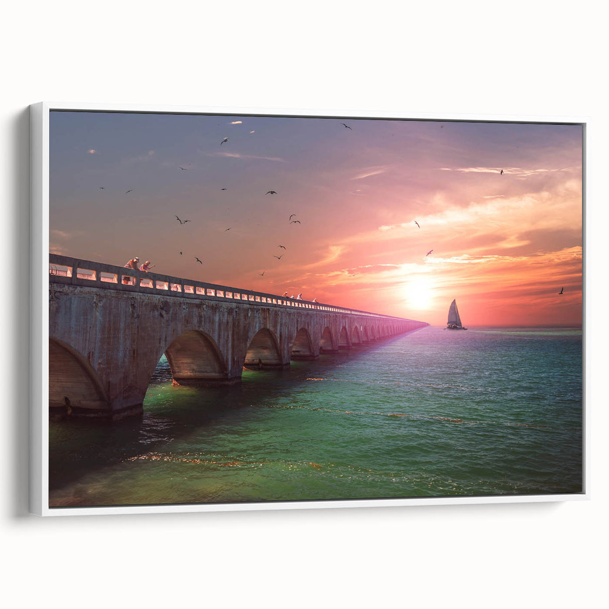 Vintage poster art of Florida Keys on framed canvas, featuring vibrant colors on a black background.