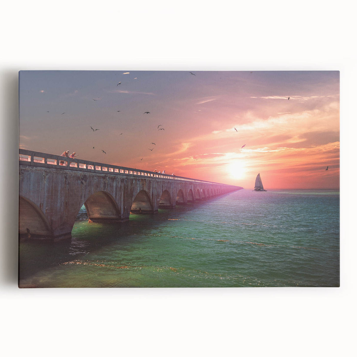 Black and white stretched canvas featuring a panoramic view of the Florida Keys, ideal for kitchen wall art.
