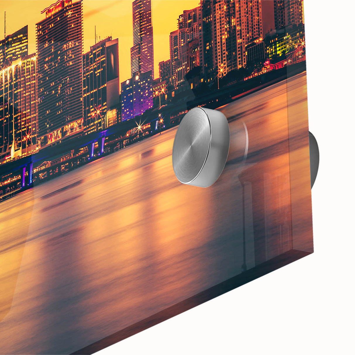 Large abstract wall art depicting Miami skyline in vibrant twilight hues on acrylic glass, ideal for dining room ambiance.