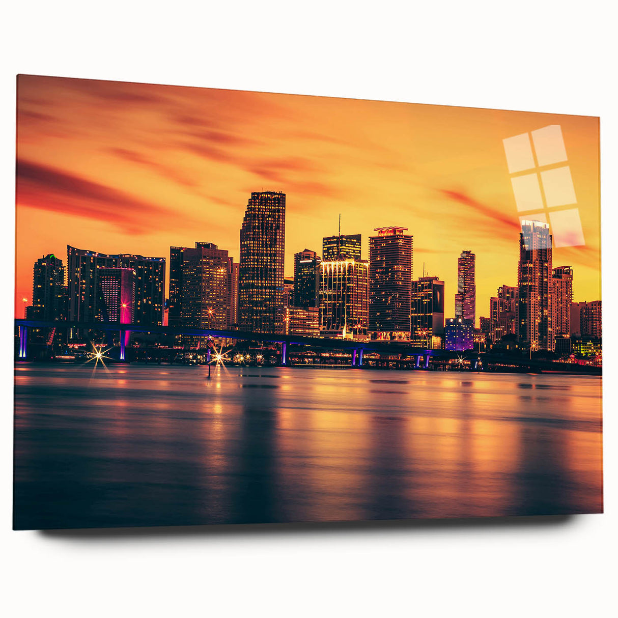 Acrylic print of a large abstract depiction of Miami skyline in blue and pink tones.