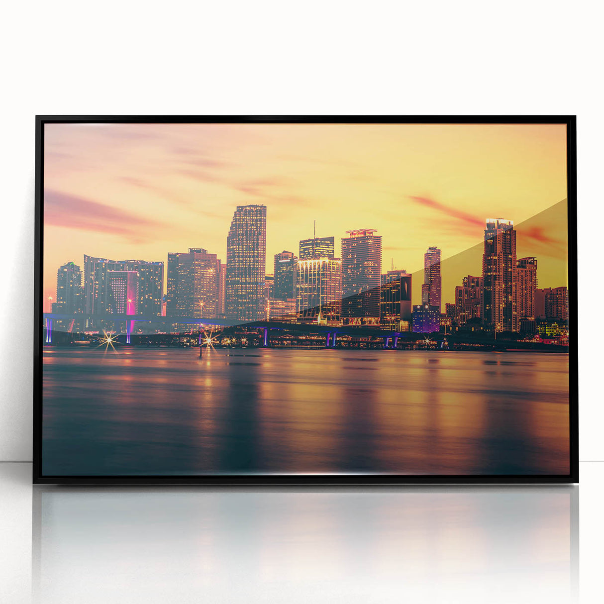 Large abstract wall art of Miami skyline in muted blues and grays on framed acrylic, suited for modern art wall decor.