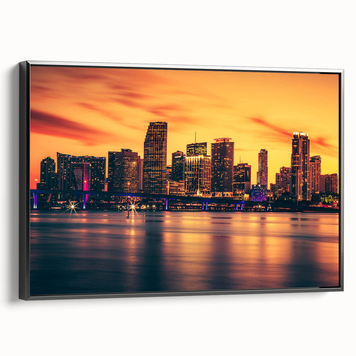 Black and white framed canvas of Miami landscape, ideal for bedroom wall art in vintage poster style.