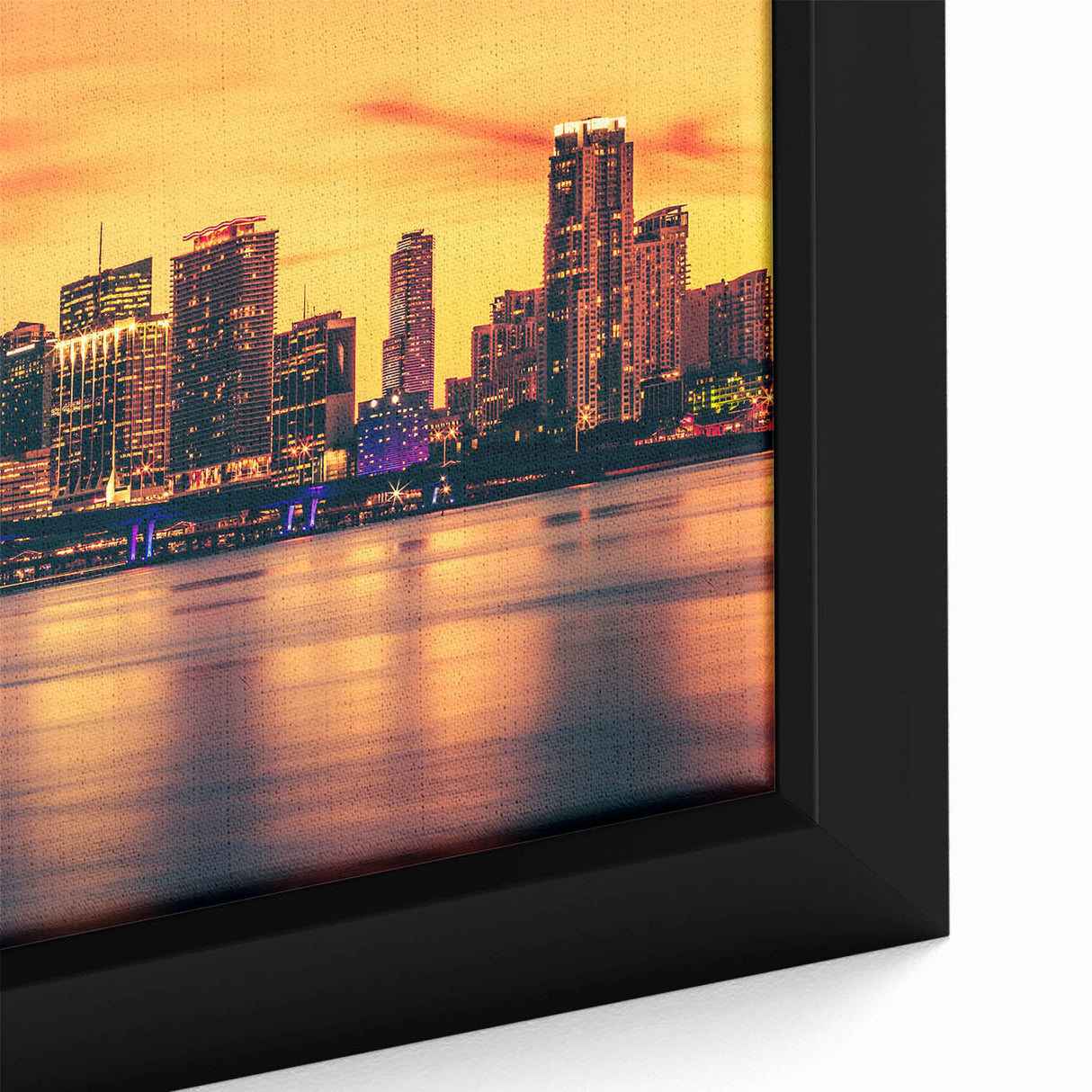 Framed canvas featuring a textured depiction of the Miami skyline in black with vibrant colorful accents.