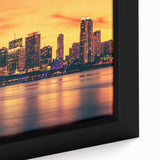 Framed canvas featuring a textured depiction of the Miami skyline in black with vibrant colorful accents.