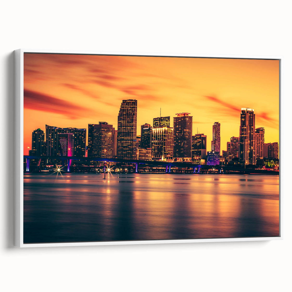 Framed canvas vintage poster art of Miami, featuring vibrant colorful art on a black background, ideal for living room decor.