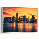 Framed canvas vintage poster art of Miami, featuring vibrant colorful art on a black background, ideal for living room decor.