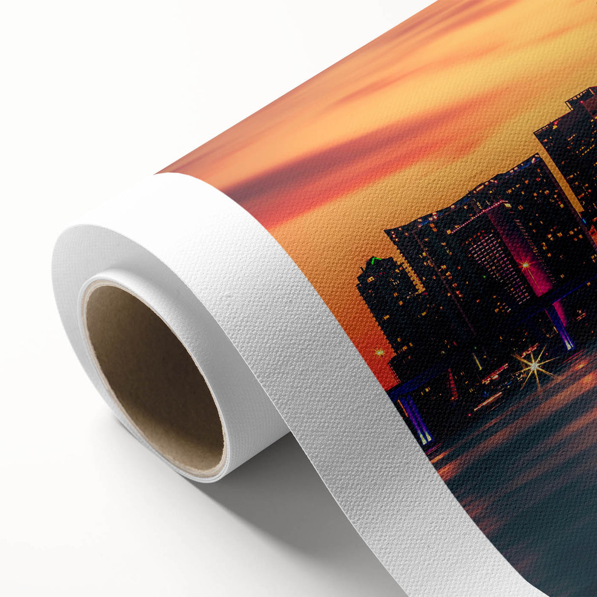 Art deco poster of Miami skyline in pastel shades on rolled canvas, suitable as nursery wall art or for dining room decor.