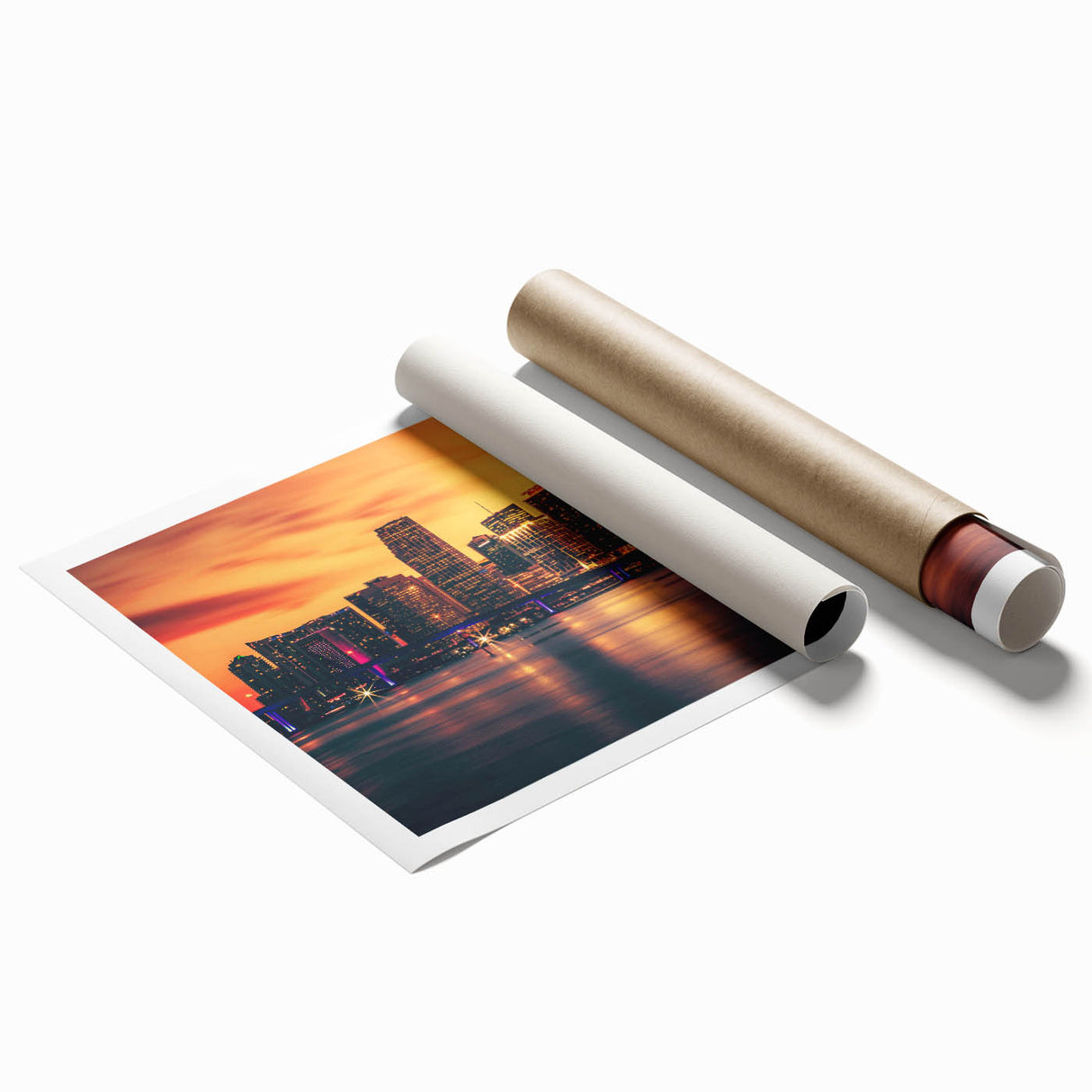 Rolled print of Miami skyline with pastel sunset hues, ideal for classy bathroom wall art.